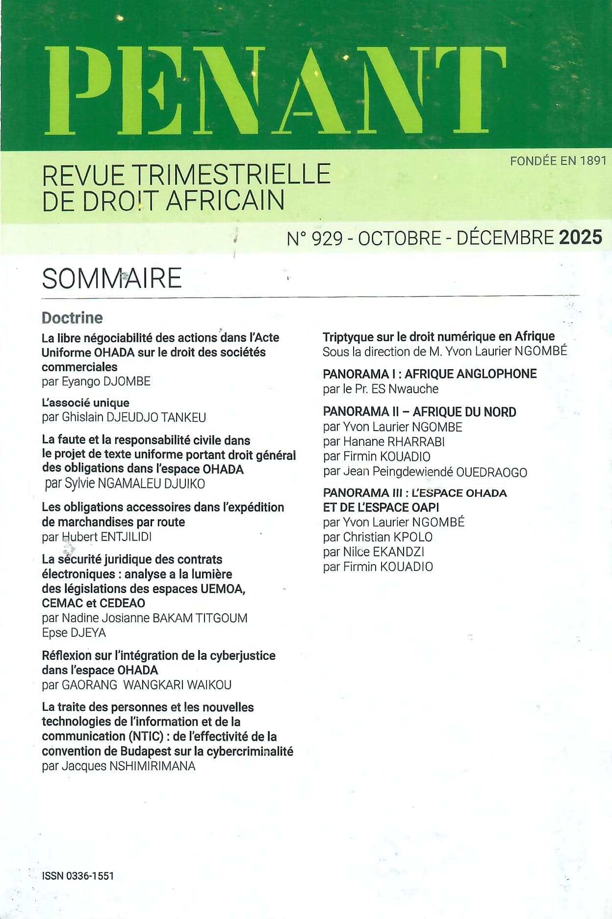 Nouveau numéro du PENANT – Octobre-Décembre 2025